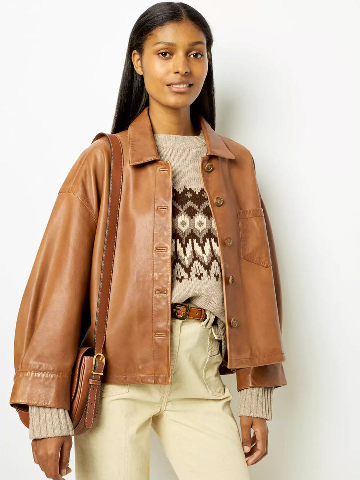 Krista™ | Elegant Boxy Leather Cropped Jacket