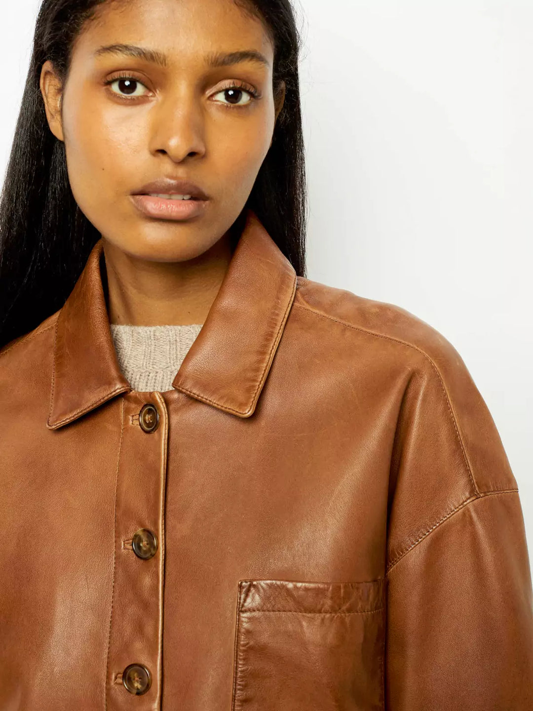 Krista™ | Elegant Boxy Leather Cropped Jacket