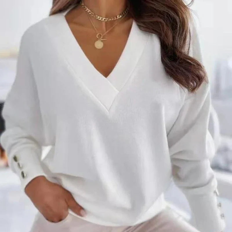 Damaria™ | Elegant V-Neck Lantern Sleeve Sweater